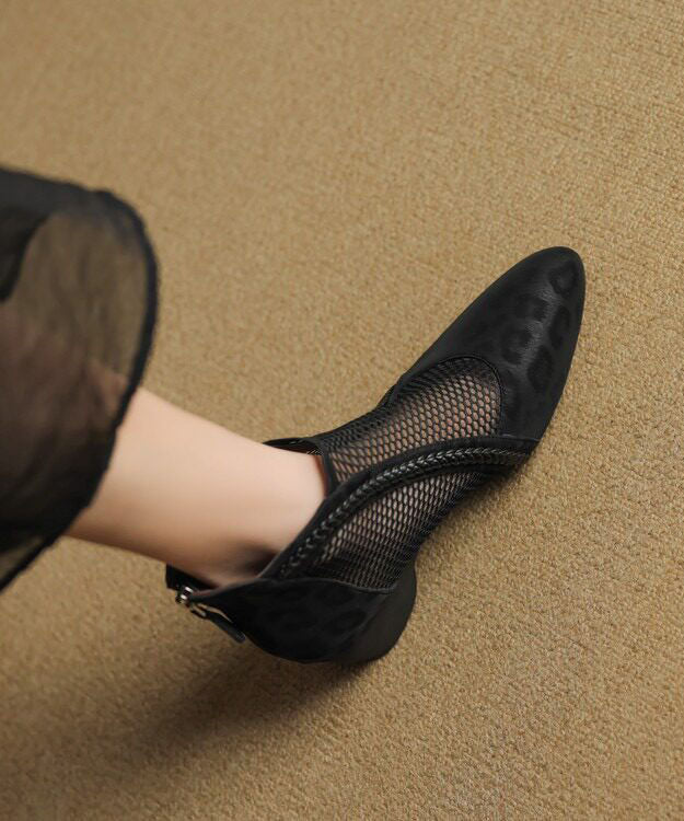 Black Ankle Boots Chunky Faux Leather Fitted Hollow Out Boots