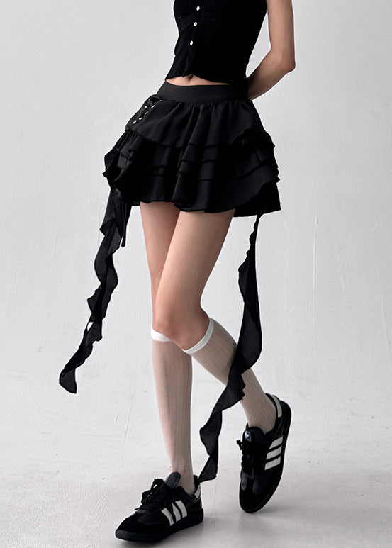 Black Asymmetrical Lace Up Cotton Skirts High Waist