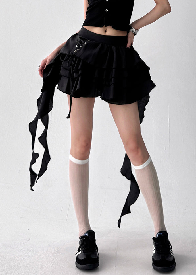 Black Asymmetrical Lace Up Cotton Skirts High Waist