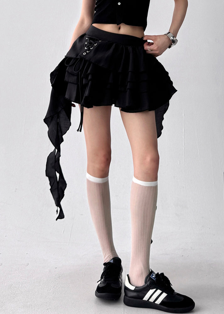 Black Asymmetrical Lace Up Cotton Skirts High Waist