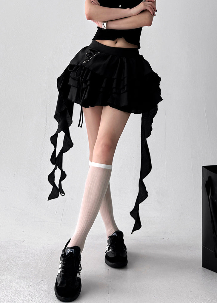 Black Asymmetrical Lace Up Cotton Skirts High Waist