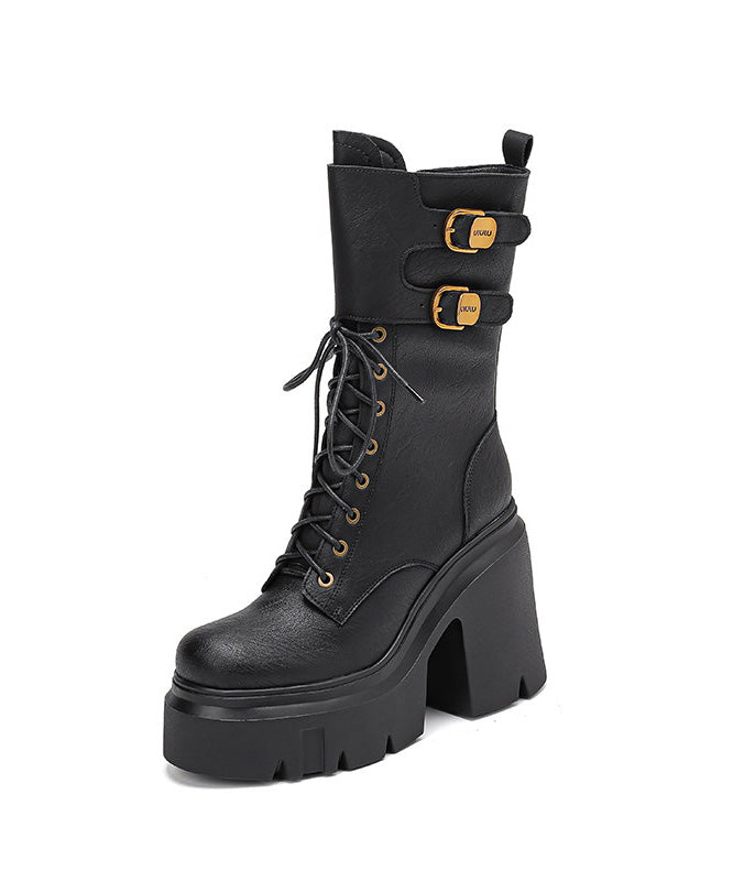 Black Boots Chunky Cowhide Leather Casual Splicing Boots