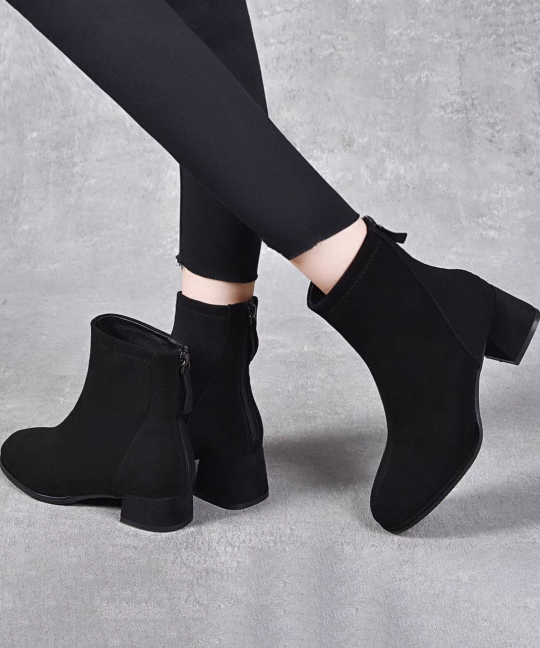 Black Boots Chunky Faux Leather Fitted Ankle Boots