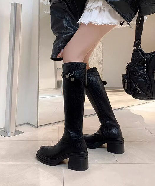 Black Boots Chunky Faux Leather Soft Boots