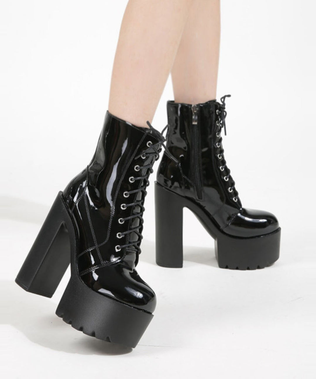 Black Boots Chunky Faux Leather Vintage Cross Strap Boots