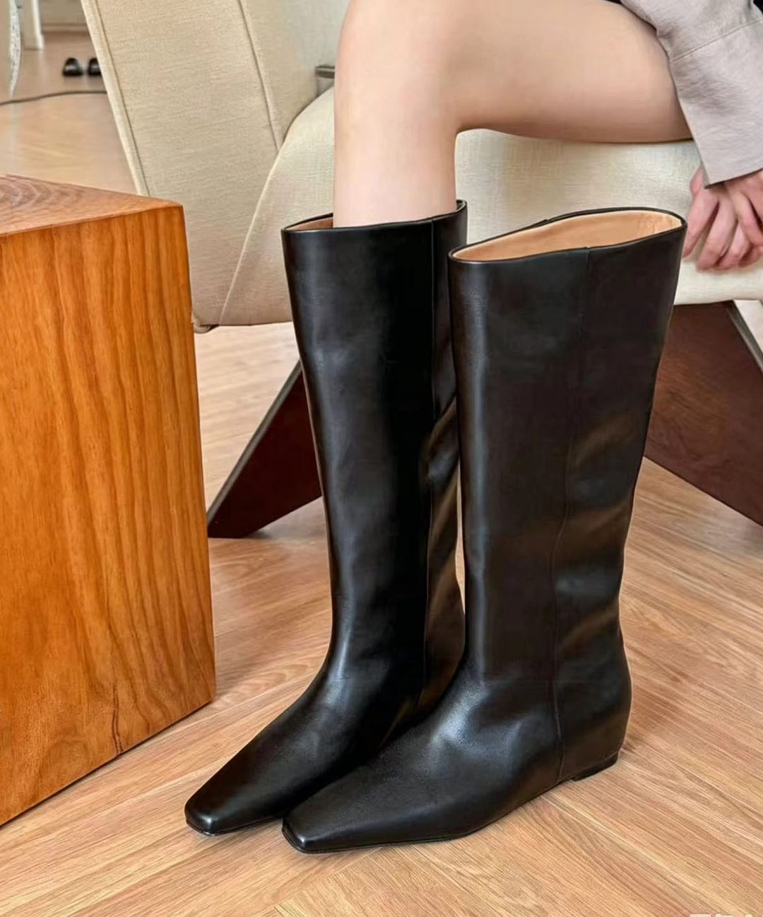 Black Boots Wedge Faux Leather Classy Knne Boots