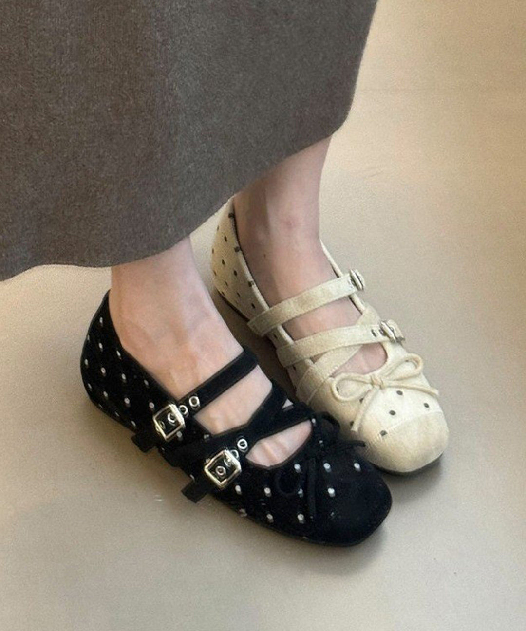 Black Bow Buckle Strap Splicing Flat Shoes For Women