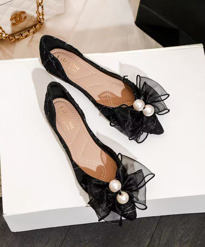 Black Bow Flats Faux Leather Fine Pearl Flat Shoes For Women