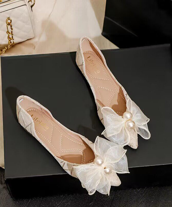 Black Bow Flats Faux Leather Fine Pearl Flat Shoes For Women