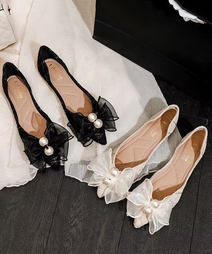 Black Bow Flats Faux Leather Fine Pearl Flat Shoes For Women