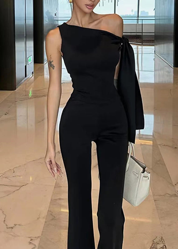 Black Bow Knit Top And Pants Two Pieces Set Summer