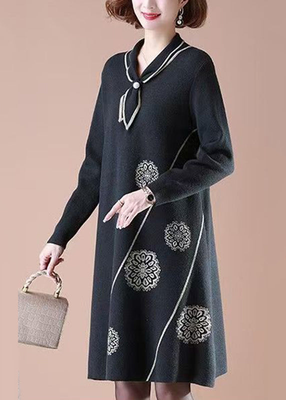 Black Bow Print Cotton Knit Maxi Sweater Dress Long Sleeve