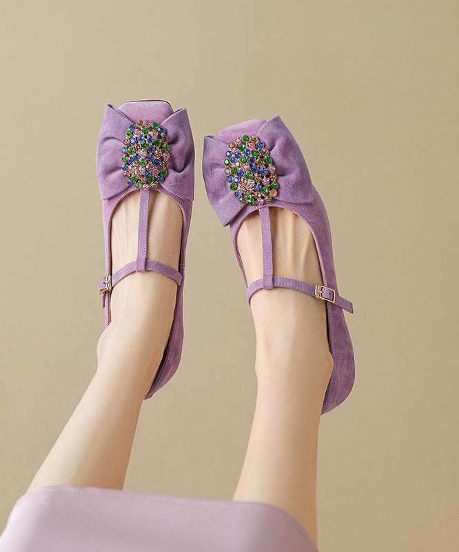 Black Buckle Strap Chunky Suede Bow Zircon Splicing High Heels