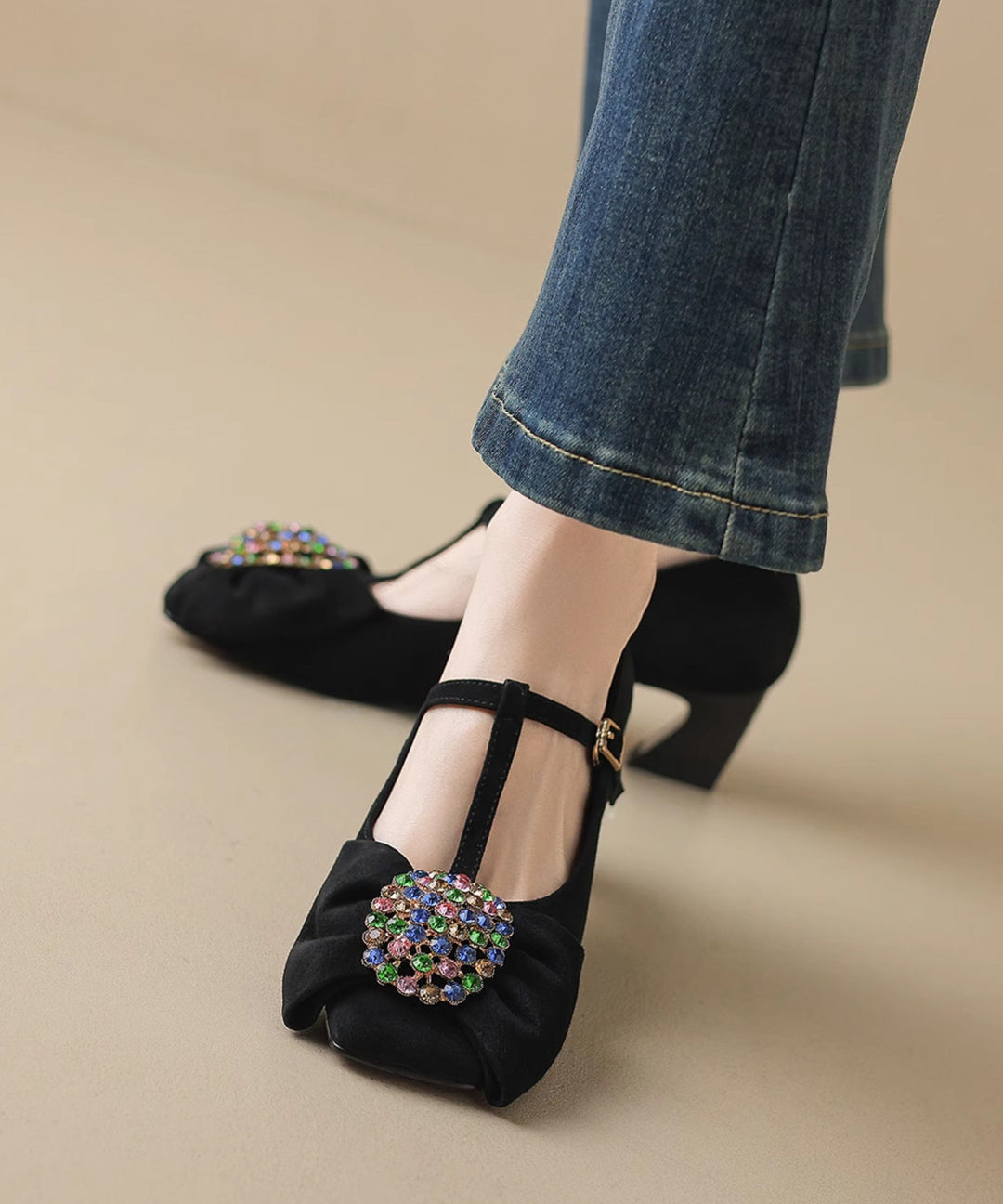Black Buckle Strap Chunky Suede Bow Zircon Splicing High Heels