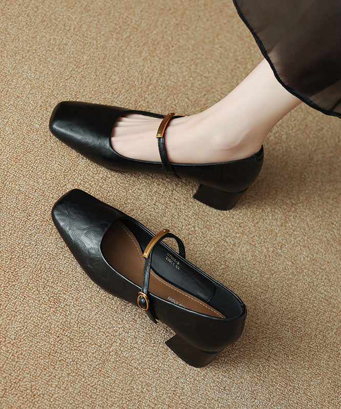 Black Buckle Strap Cowhide Leather Splicing Chunky High Heels