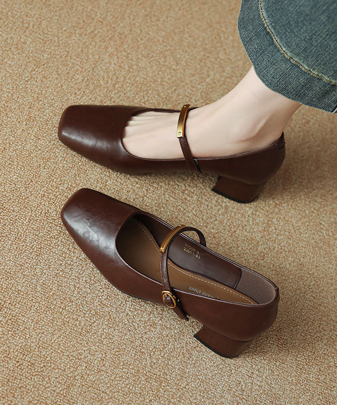 Black Buckle Strap Cowhide Leather Splicing Chunky High Heels