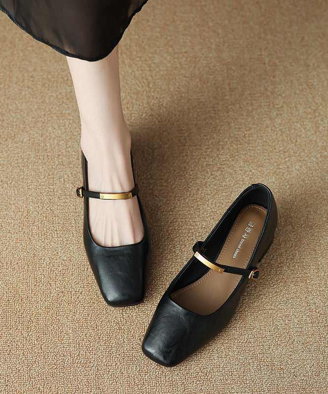 Black Buckle Strap Cowhide Leather Splicing Chunky High Heels