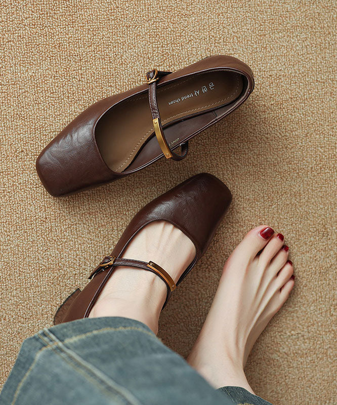 Black Buckle Strap Cowhide Leather Splicing Chunky High Heels