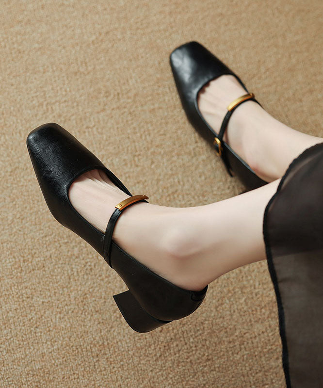 Black Buckle Strap Cowhide Leather Splicing Chunky High Heels