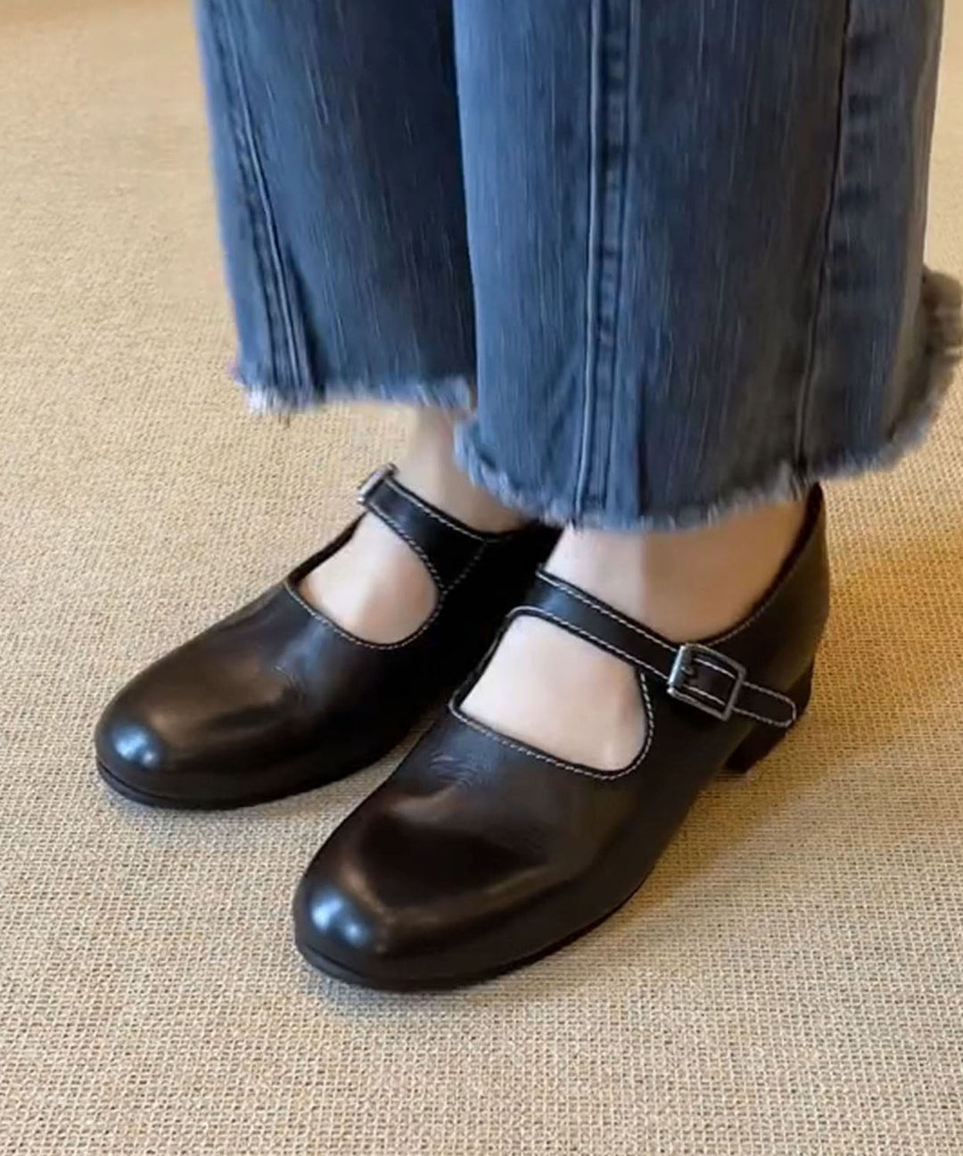 Black Buckle Strap For Women Splicing Faux Leather Flats
