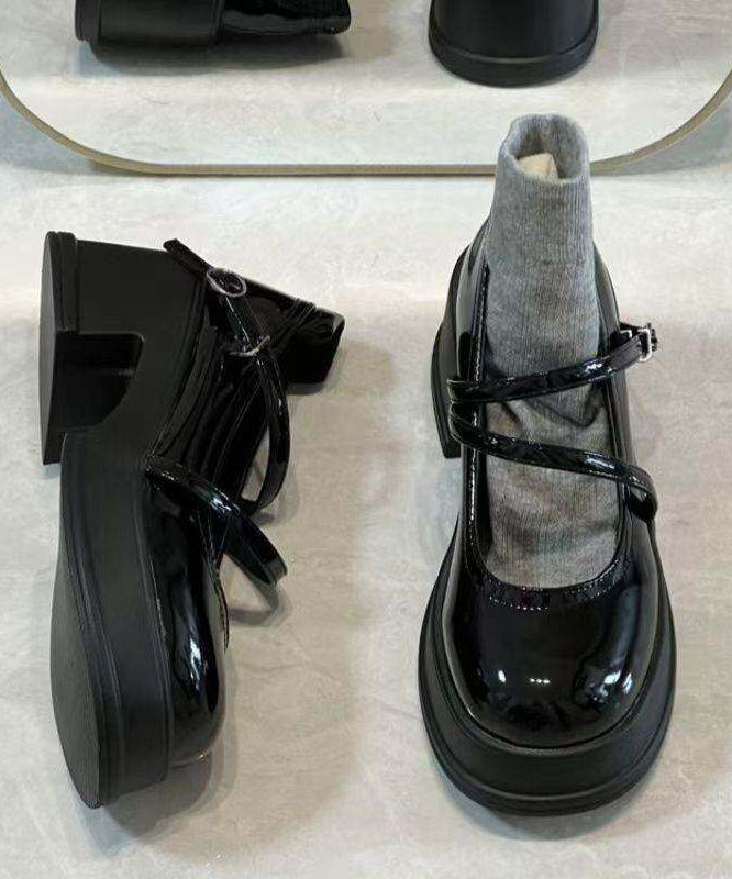 Black Buckle Strap Splicing Chunky High Heels Black Faux Leather