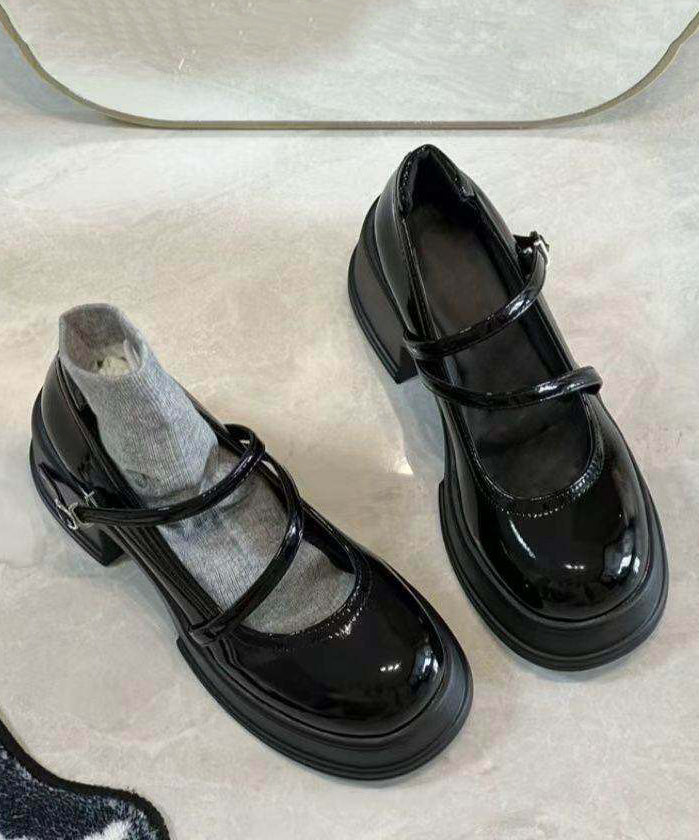 Black Buckle Strap Splicing Chunky High Heels Black Faux Leather