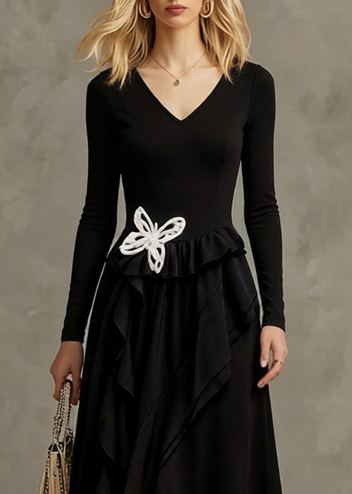 Black Butterfly Ruffled Cotton Long Dresses Asymmetrical Spring - Omychic