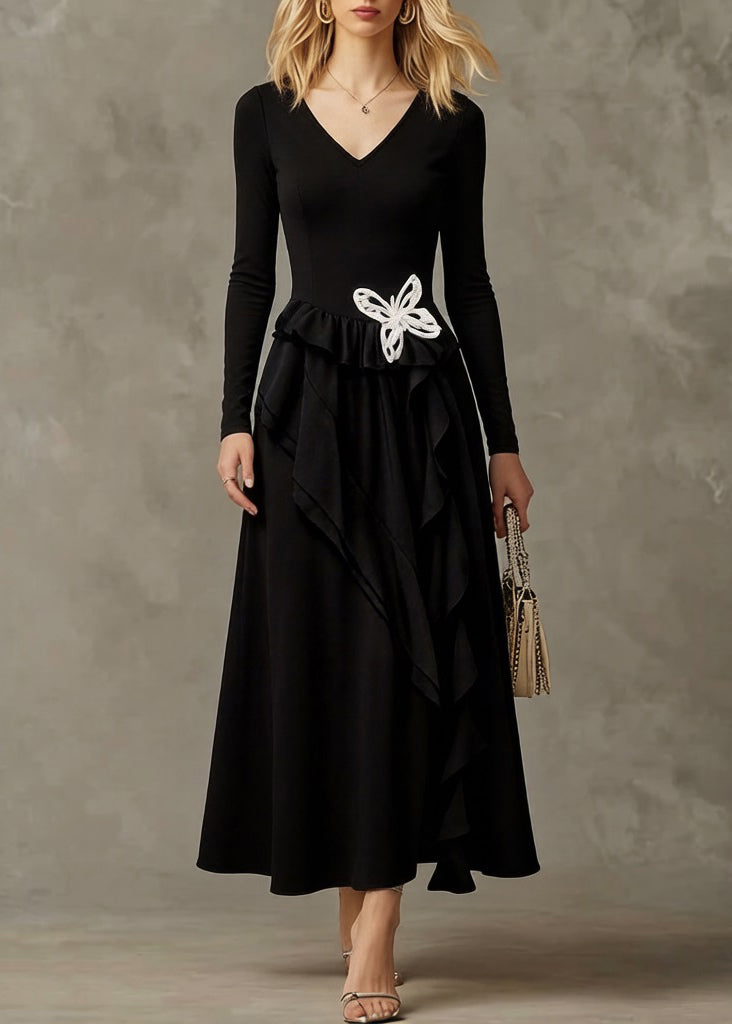 Black Butterfly Ruffled Cotton Long Dresses Asymmetrical Spring - Omychic