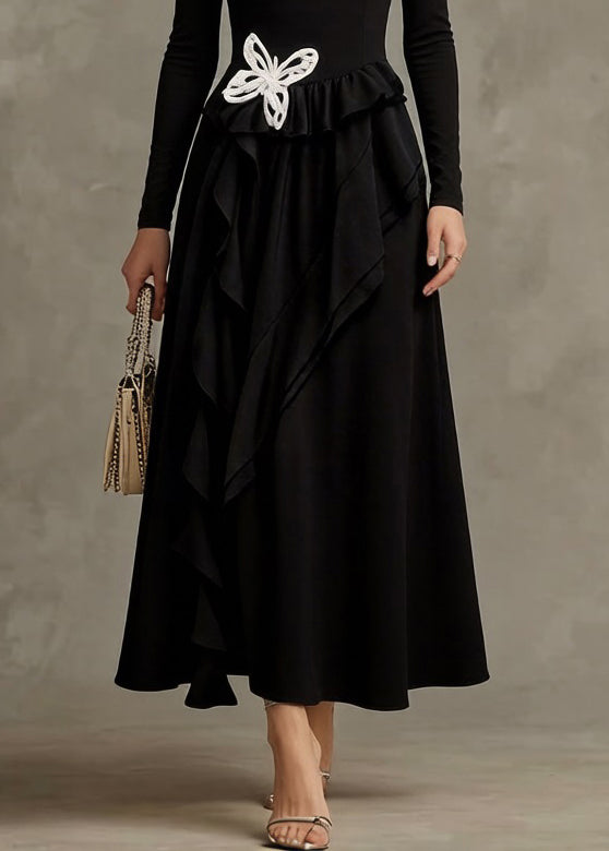 Black Butterfly Ruffled Cotton Long Dresses Asymmetrical Spring - Omychic