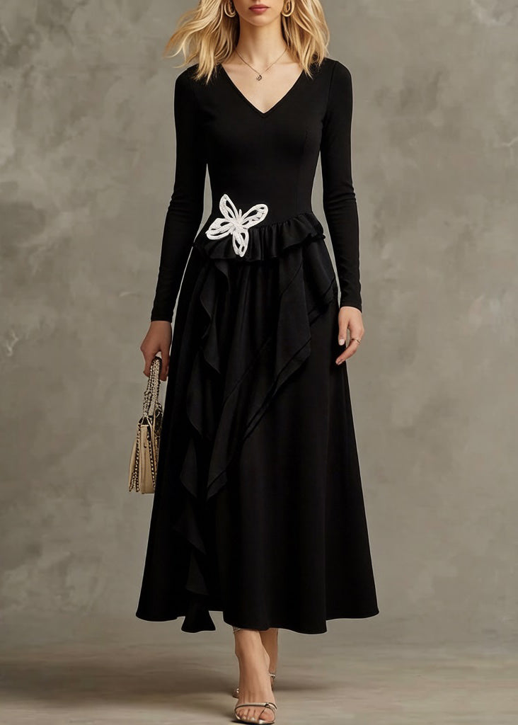Black Butterfly Ruffled Cotton Long Dresses Asymmetrical Spring - Omychic