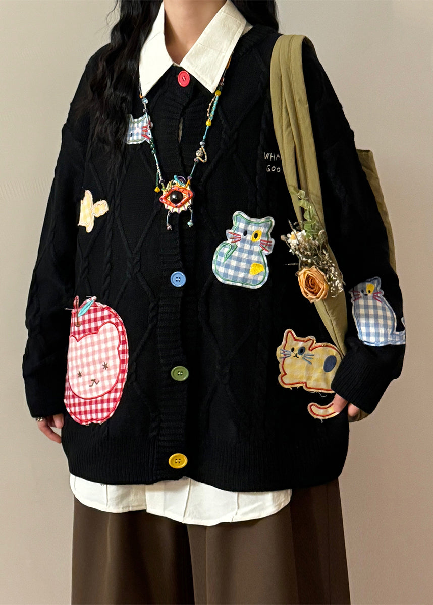 Black Button Applique Plaid Knit Coats O Neck Spring