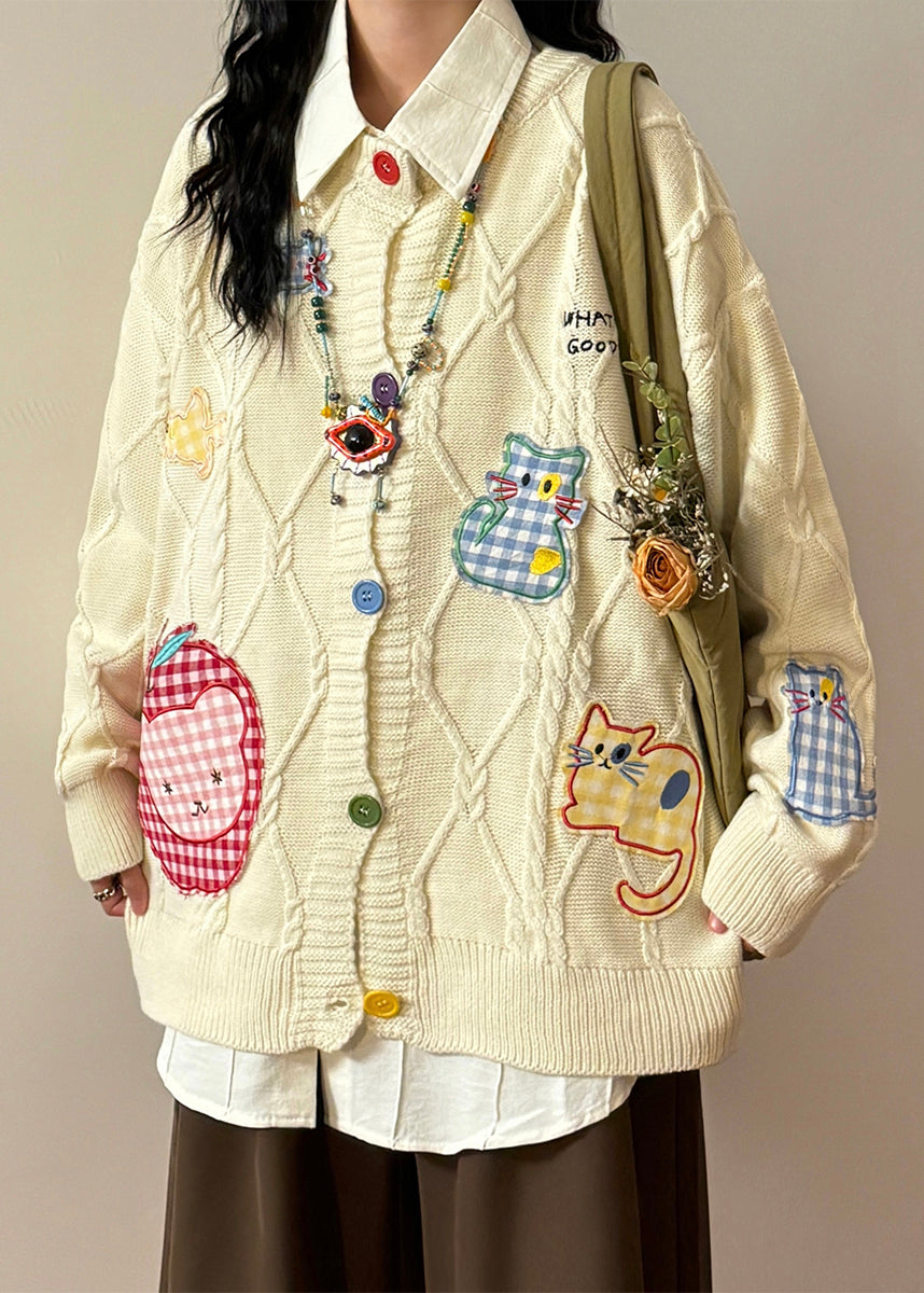 Black Button Applique Plaid Knit Coats O Neck Spring