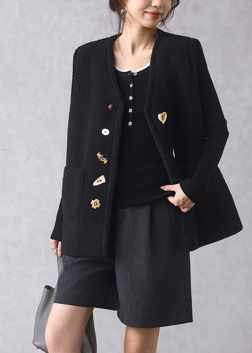 Black Button Faux Fur Waistcoat V Neck Sleeveless