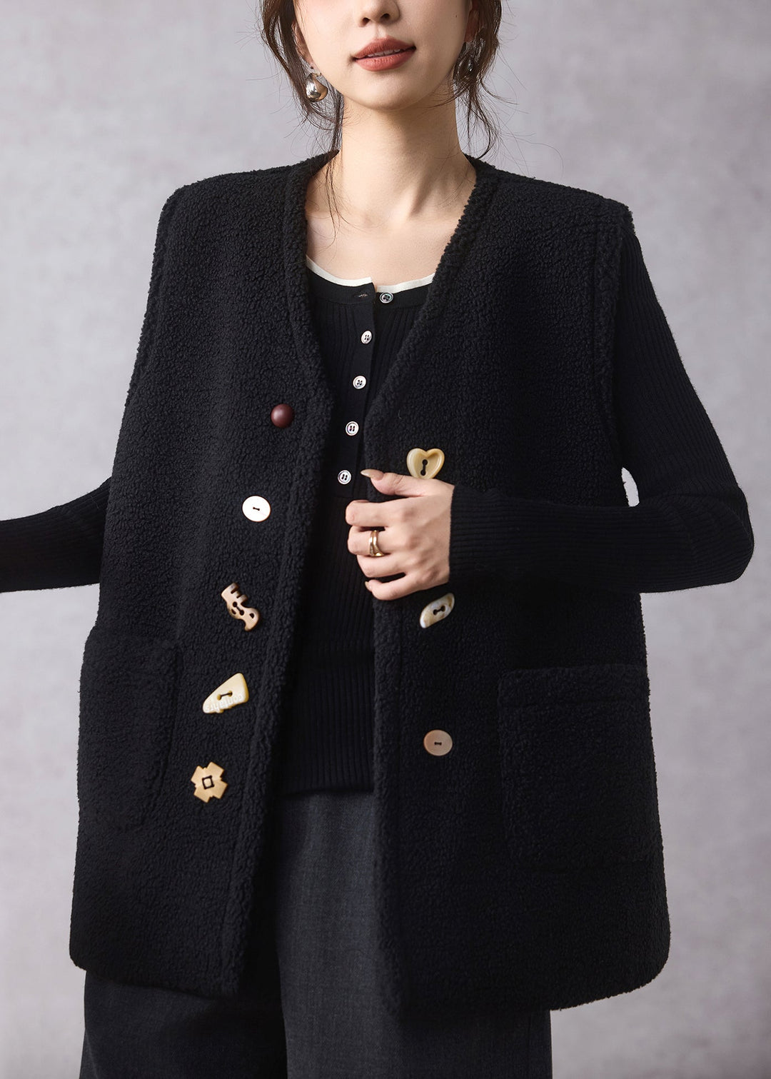 Black Button Faux Fur Waistcoat V Neck Sleeveless