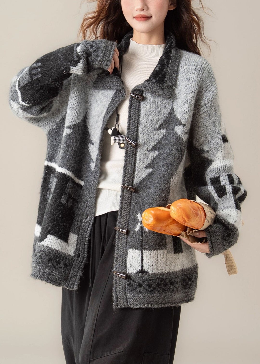 Black Button Jacquard Cozy Knit Coat Peter Pan Collar