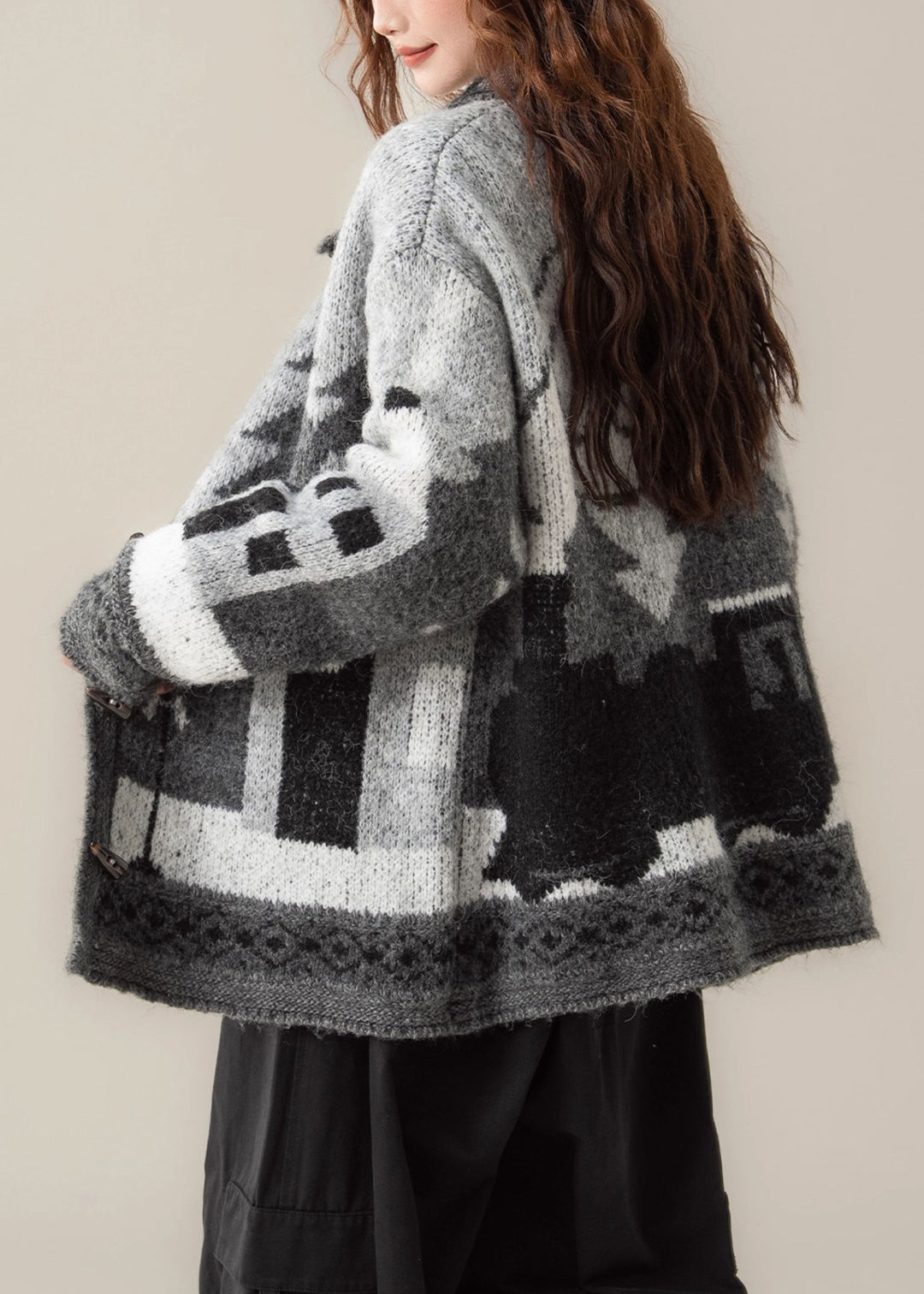 Black Button Jacquard Cozy Knit Coat Peter Pan Collar