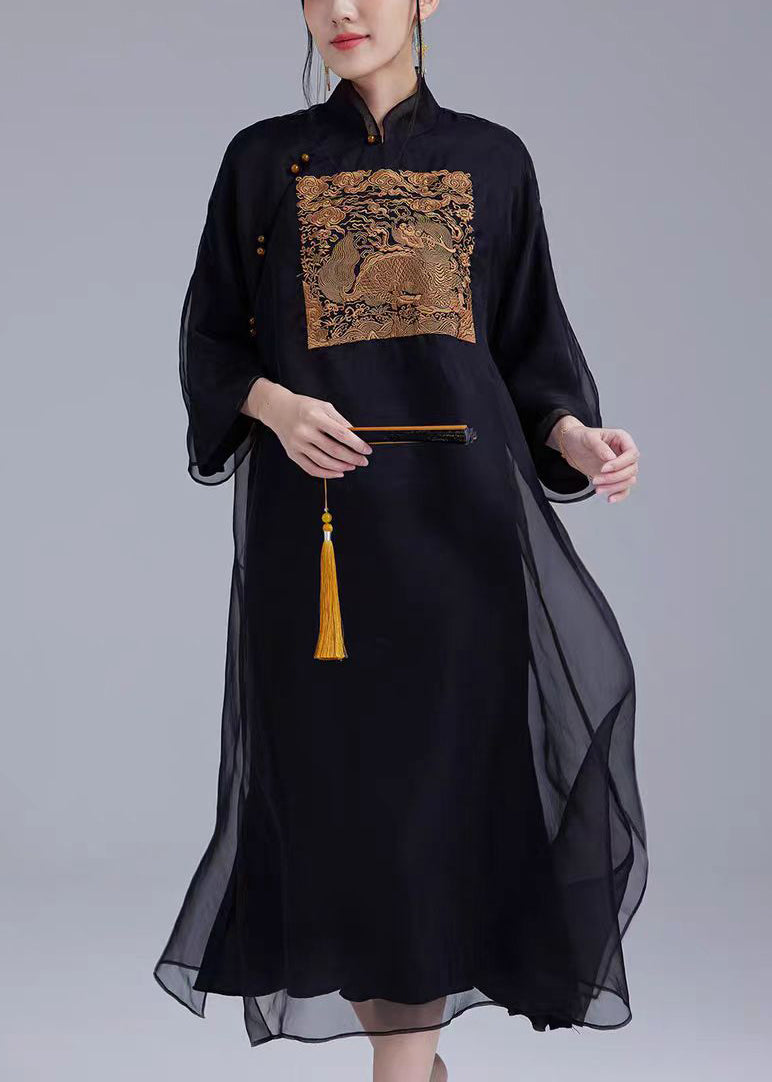 Black Button Pockets Silk Dress Stand Collar Long Sleeve