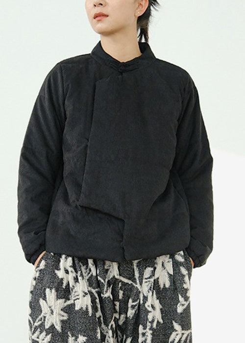 Black Button Pockets Solid Fine Cotton Coats Stand Collar