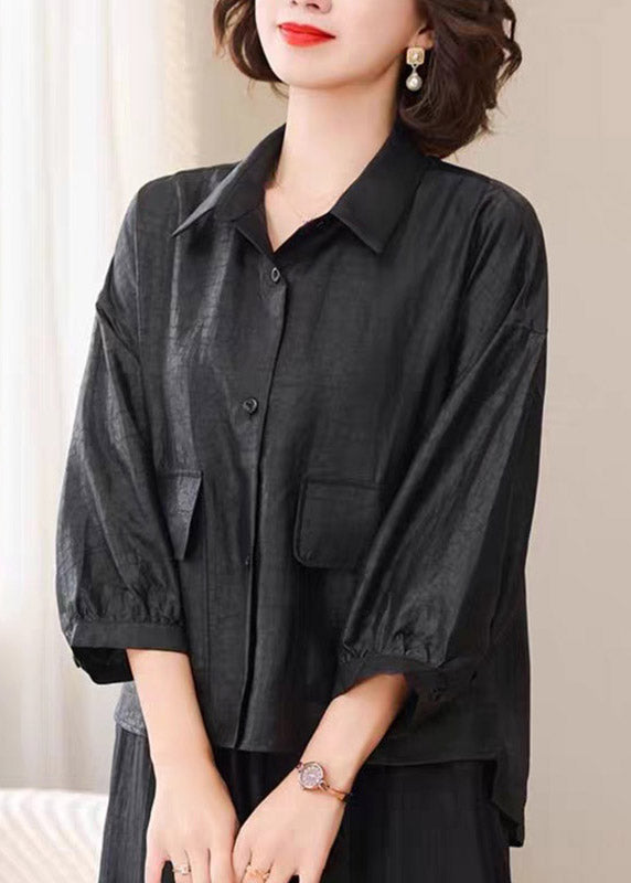 Black Button Soild Silk Coat Spring