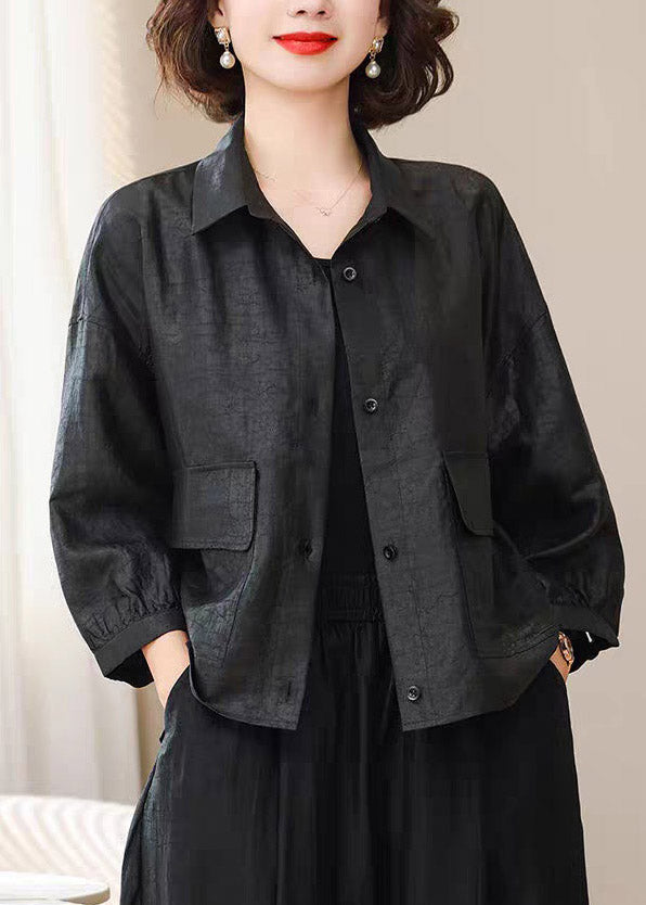 Black Button Soild Silk Coat Spring