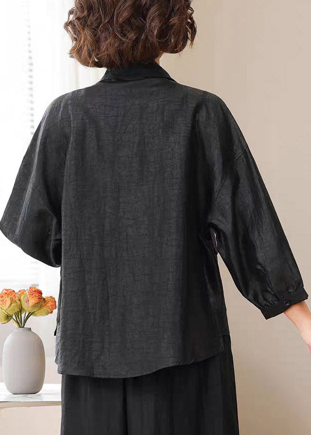 Black Button Soild Silk Coat Spring