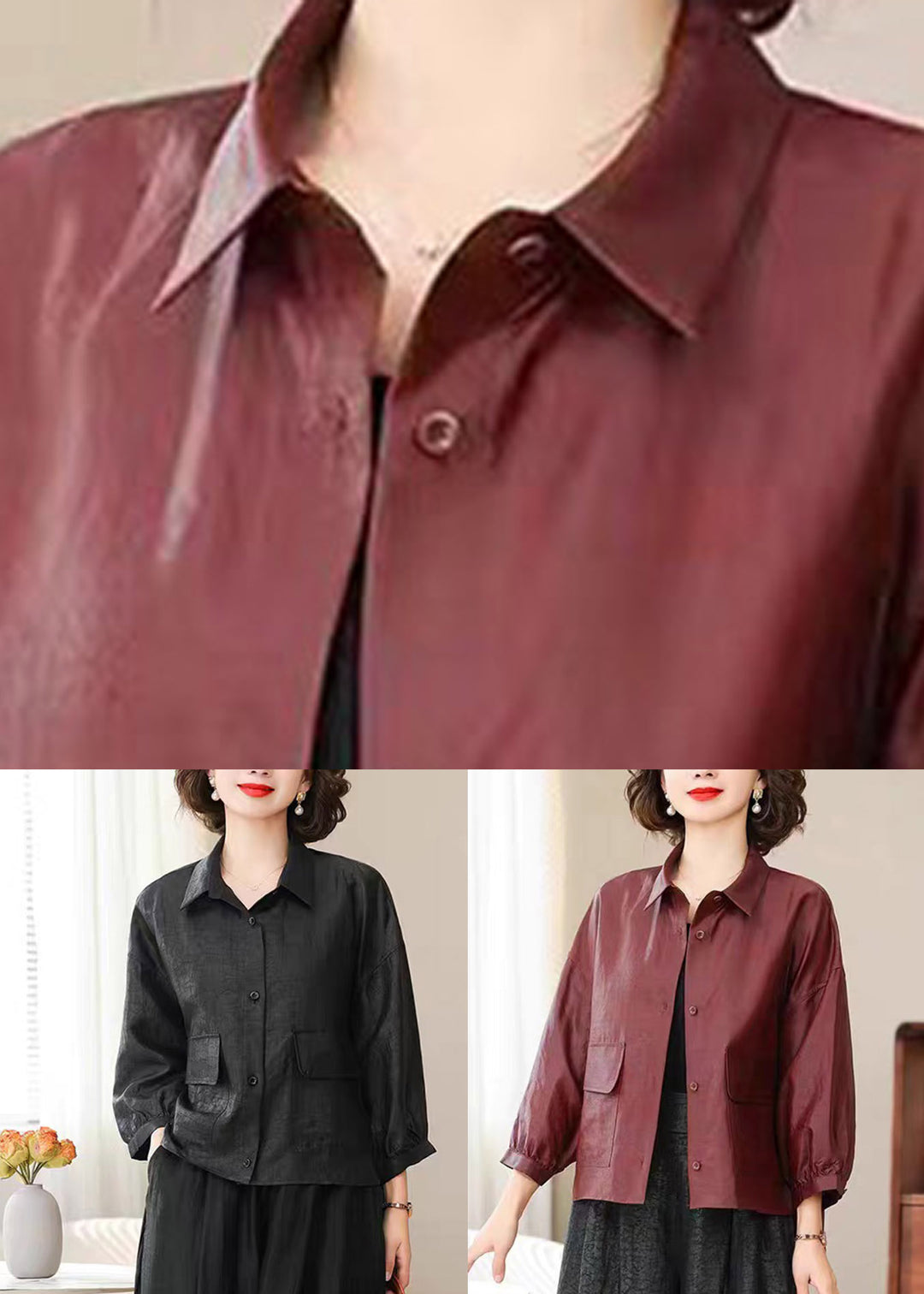 Black Button Soild Silk Coat Spring