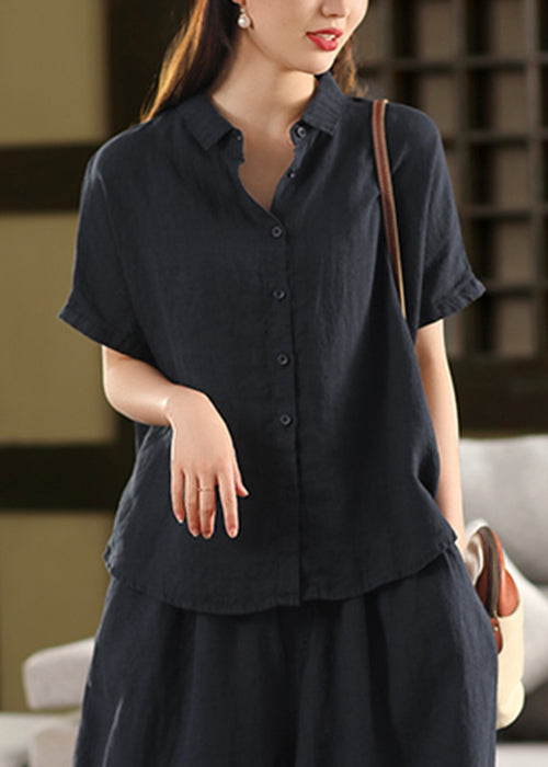 Black Button Solid Linen Summer Blouses Peter Pan Collar