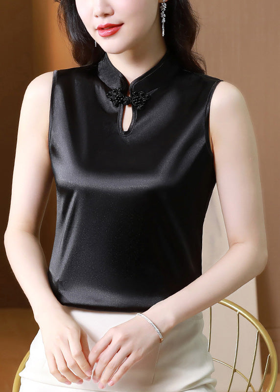 Black Button Stand Collar Solid Silk Vest Summer