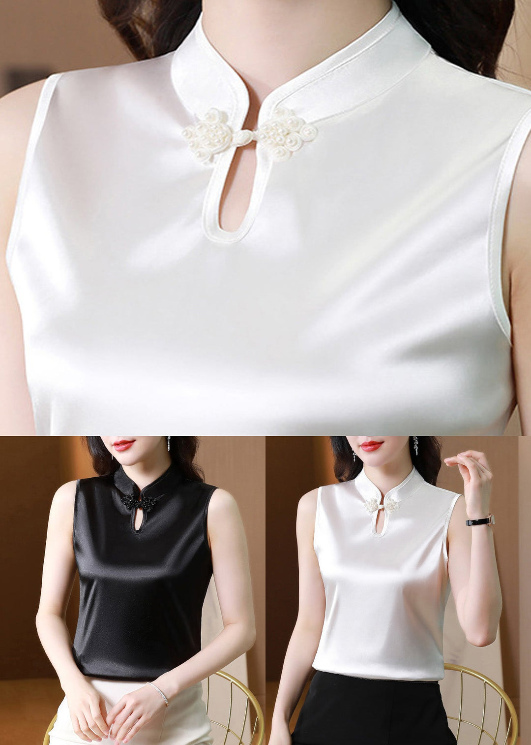 Black Button Stand Collar Solid Silk Vest Summer