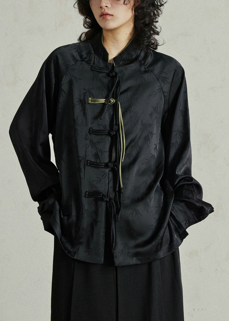 Black Button Stand Collar Top Lantern Sleeve