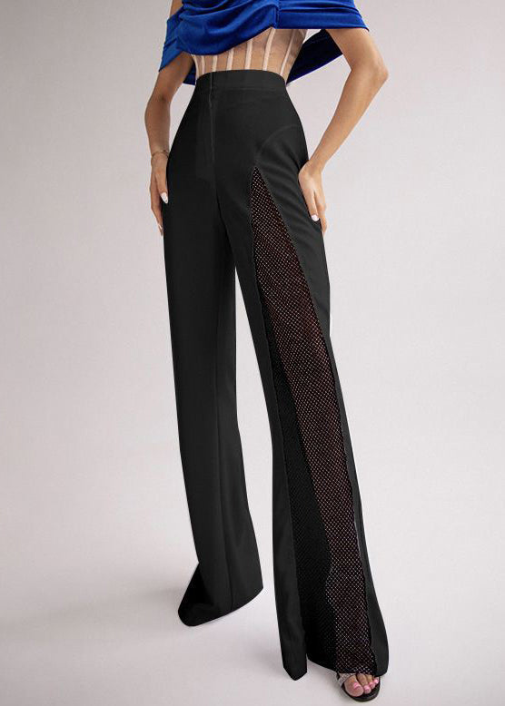 Black Button Tulle Patchwork Spandex Summer Pants High Waist
