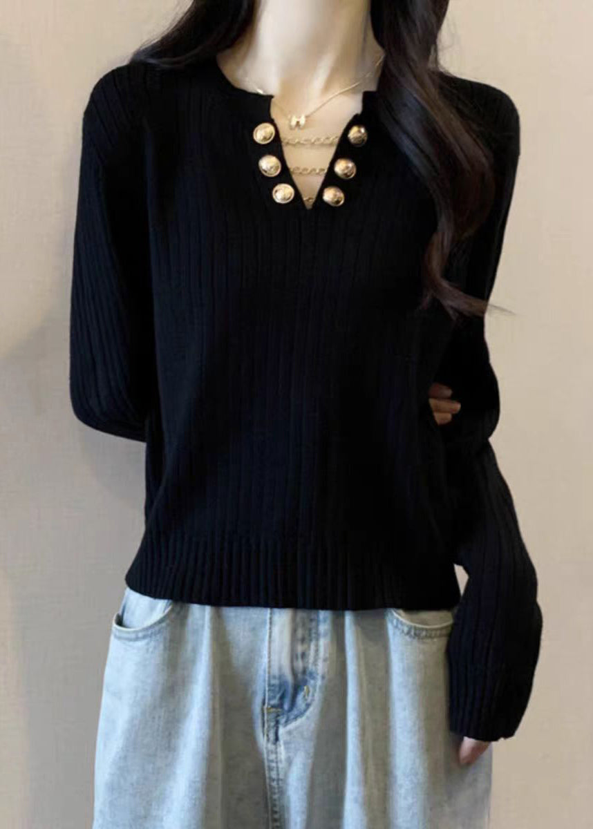 Black Chain Patchwork Cotton Knit Sweater Long Sleeve