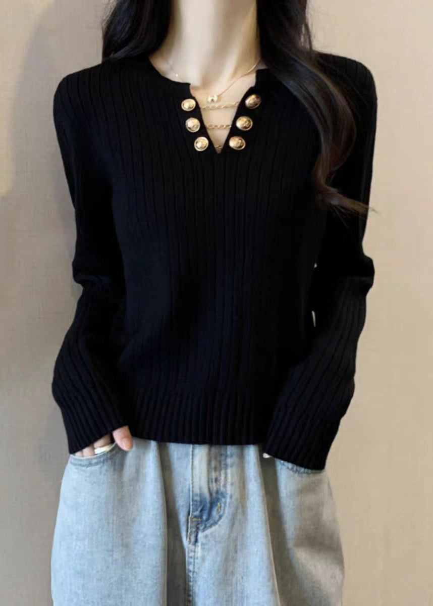 Black Chain Patchwork Cotton Knit Sweater Long Sleeve