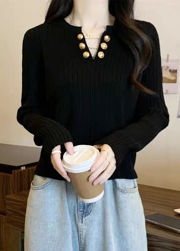 Black Chain Patchwork Cotton Knit Sweater Long Sleeve